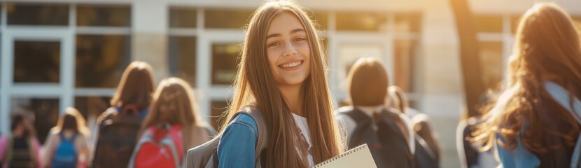 Fototapeta premium A beautiful girl smiles and holds a notebook in her hands, standing in front of the school building surrounded by other students