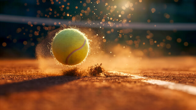 Tennis ball hitting the line on a clay court