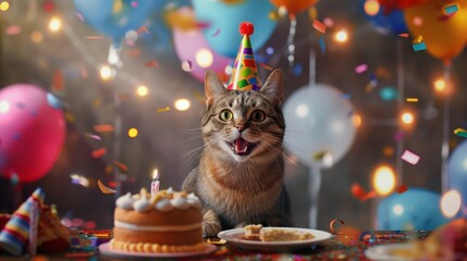 Fototapeta na wymiar A cat decorated with a festive hat joyfully celebrates her birthday in front of a cake with bright candles on a background of balloons and garlands