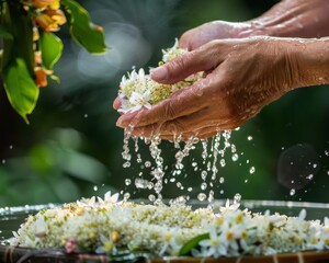 The cultural beauty of Songkran hands gently pouring water over a jasmine garland