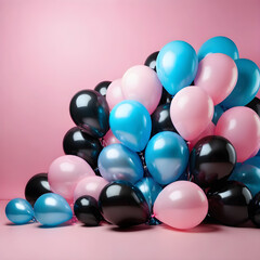 light pink blue black bright balloon background. birthday, holiday on a postcard