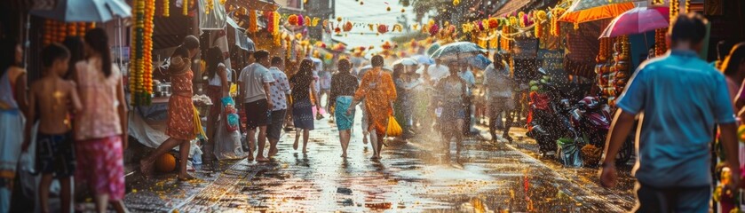The essence of Songkran in the air streets adorned with jasmine garlands - obrazy, fototapety, plakaty