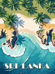 Sri Lanka Travel Destination Poster in retro style. Seascape top view vintage colorful print. Exotic summer vacation, tropical holidays concept. Vector art illustration.