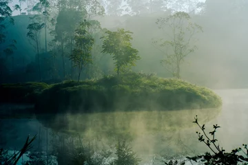 Fototapete Rund Early morning fog rising above calm lake in the White Mountains © vijay
