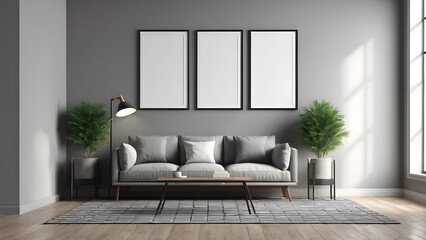 a sofa with an empty frame on the wall. living room mockup