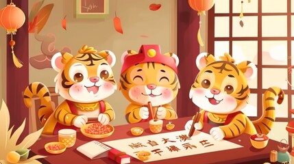 This greeting card celebrates Chinese New Year in the year 2022 with cute tigers making handwriting couplets in a study. At the bottom right is the text of welcoming the Spring Festival in Chinese.