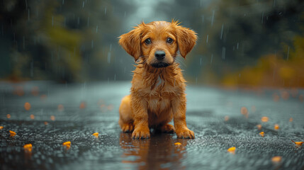 "Solitude in the Shower"
A drenched young puppy sits on a rainy path, eyes filled with longing, as droplets adorn its golden fur.