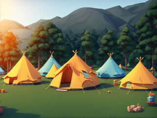 A group of tents set up in a forest.