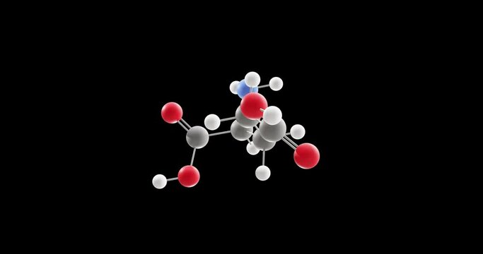 Monosodium glutamate molecule, rotating 3D model of flavour enhancer e621, looped video on a black background