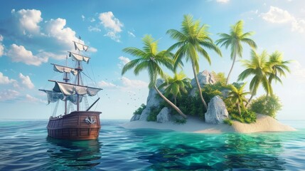 Digital art of a pirate ship near a tropical island with palm trees and clear waters, evoking a sense of adventure and exploration. - obrazy, fototapety, plakaty