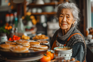 An elderly woman with gray hair is smiling gently in a cozy kitchen environment, surrounded by homemade desserts and fresh ingredients