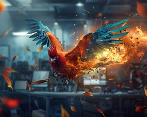 Craft a whimsical scene of a magical phoenix investigating futuristic machinery in voxel art, using dramatic low-angle perspectives - obrazy, fototapety, plakaty