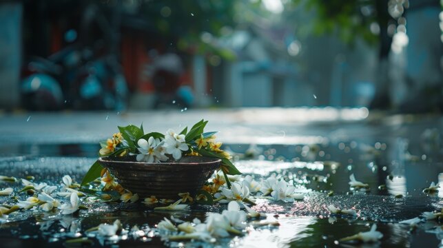 The quiet of dawn a water bowl and jasmine garland await the start of Songkran