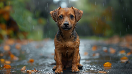 "Pensive Pup in the Rain"
A small, forlorn dog gazes earnestly during a gentle downpour, its fur wet and mottled with raindrops.