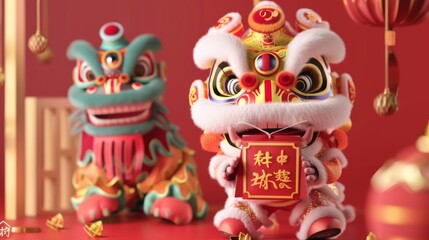 Caishen greeting card. A 3D God of Wealth is holding a lucky bag written blessing and a lion dance puppet shows up from behind. Chinese welcome text on left.