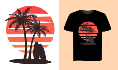Tropical island with palm trees and surfboards, vector illustration, t shirt design, textile print, emblem, badge, logo template.
