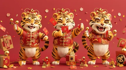 Foto op Canvas A year of the Tiger character design. 2022 Zodiac animal tigers wearing traditional Chinese blossom pattern vests holding gold ingots and coins by red envelopes in high knee positions. © Mark