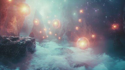 Ethereal 3D scene with glowing orbs and mystical elements - obrazy, fototapety, plakaty