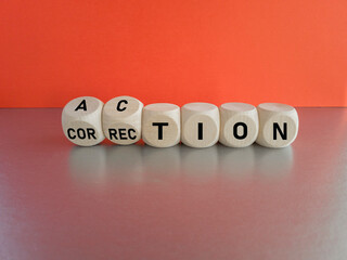 Action or correction symbol. Flip wooden cubes and changes the word correction to action. Beautiful...