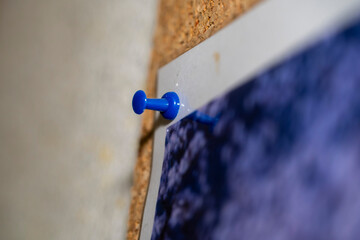 petite punaise bleu plantée dans un tableau en liège, affichage d'informations - obrazy, fototapety, plakaty