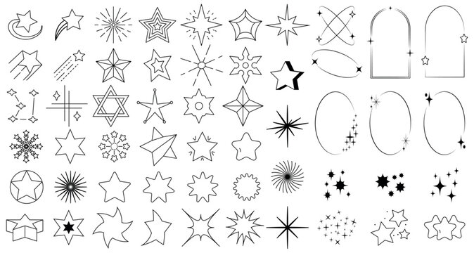 Modern minimalistic aesthetic linear elements, fashionable linear frames with stars, geometric shapes. A simple set of boho vector frames, a collection of retro futuristic icons. A set of star shapes.