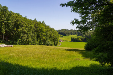 Rural scene with hill panorama, meadows and forest with trees near Obertrubach in Franconian Switzerland, Germany