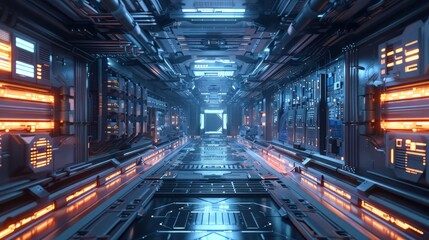 Futuristic 3D render of a high tech facility with glowing panels - obrazy, fototapety, plakaty
