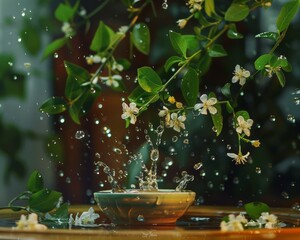 Water droplets falling from a jasmine garland into a bowl capturing the essence of Songkran