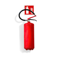 Red fire extinguisher for fire prevention hanging on the wall prepared to put out the fire, with transparent background and shadow