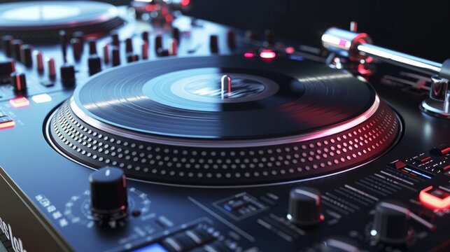Dj mixer at nightclub. Laser light show is on the background