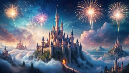 A whimsical castle perched atop misty peaks, with a vibrant display of fireworks illuminating the twilight sky, creating an ambiance of celebration and magic.. AI Generation