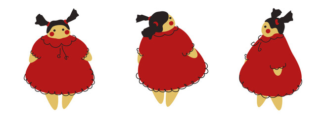 Cute handmade doll. Collection of vector illustrations of a girl in a red dress. Textile toy. Isolated objects on a white background.