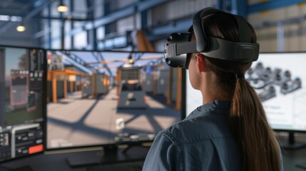 Woman Using Virtual Reality Headset at Computer Screen
