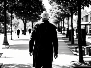 A man walking down a sidewalk in a city.