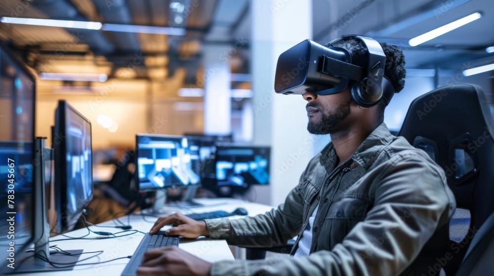 Poster Man Using Virtual Headset at Computer