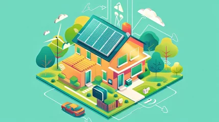 Crédence de cuisine en verre imprimé Corail vert Illustration of a green home with energy-efficient features like smart thermostats and insulation