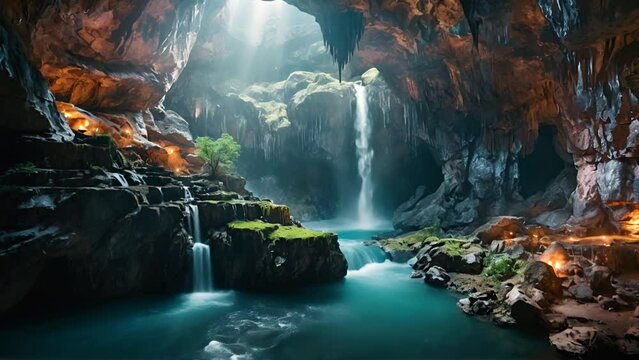 山から流れる滝の洞窟風景,Generative AI 