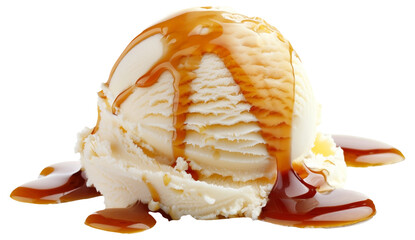 A scoop of vanilla ice cream drizzled with golden caramel sauce on a transparent background - obrazy, fototapety, plakaty