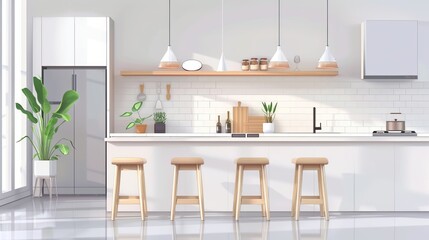 Fototapeta na wymiar Illustration of a Scandinavian kitchen with minimalist design and natural wood accents