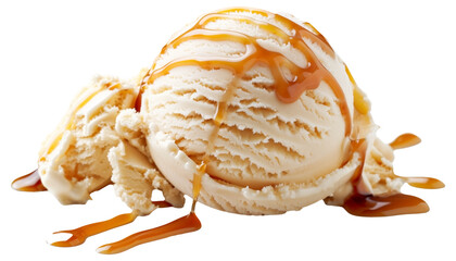 A scoop of vanilla ice cream drizzled with caramel sauce on a transparent background - obrazy, fototapety, plakaty
