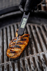Grilled meat thermometer for measuring perfect cooking temperature on a grill
