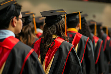 diverse students in graduation ceremony gowns at school or college with mortar board hat, back view, red trim