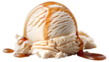 A scoop of vanilla ice cream drizzled with caramel sauce on a transparent background