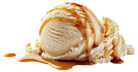 A scoop of vanilla ice cream drizzled with caramel sauce on a transparent background