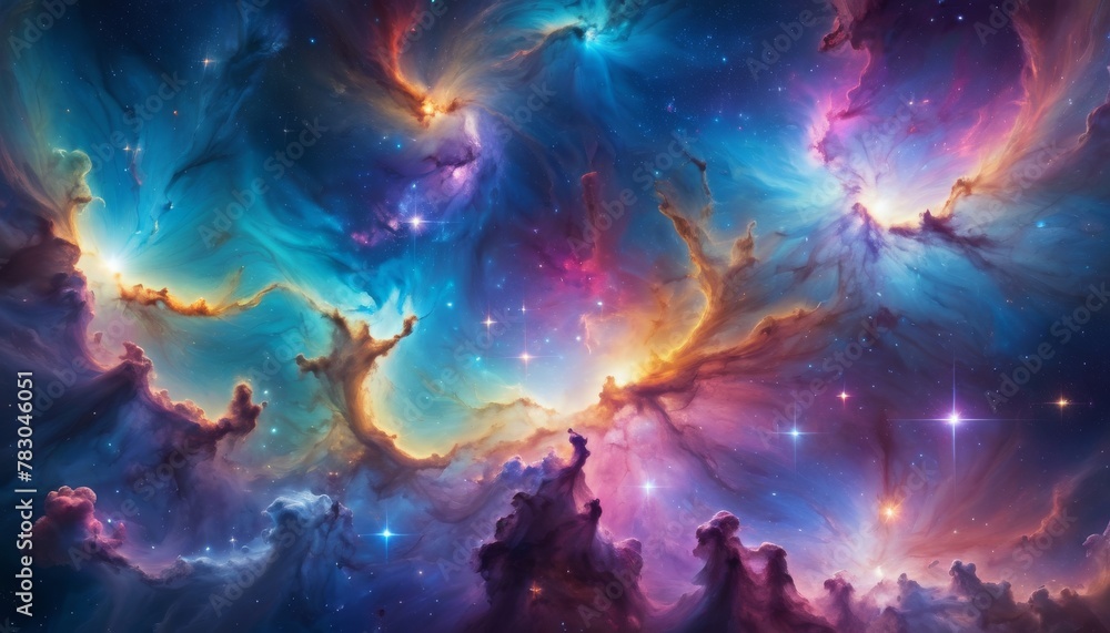 Poster a mesmerizing cosmic scene depicting the vibrant, swirling clouds of a nebula, sprinkled with stars 