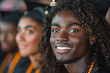 A young man with a contagious smile proudly wearing his graduation regalia among his classmates, exuding confidence