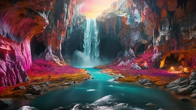 山から流れる滝と洞窟の風景,Generative AI 