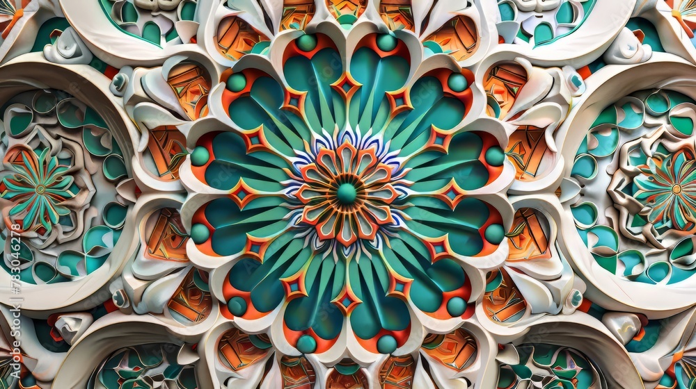 Poster kaleidoscopic 3d pattern with repeating motifs and intricate details