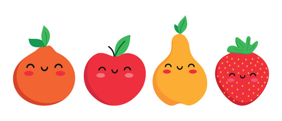 Cute cartoon smiling fruit characters. Childish style. Fruit icons. Vector illustration
