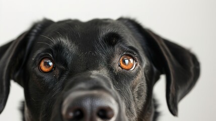 a dog peeks out from behind the edge of the frame on a completely white background